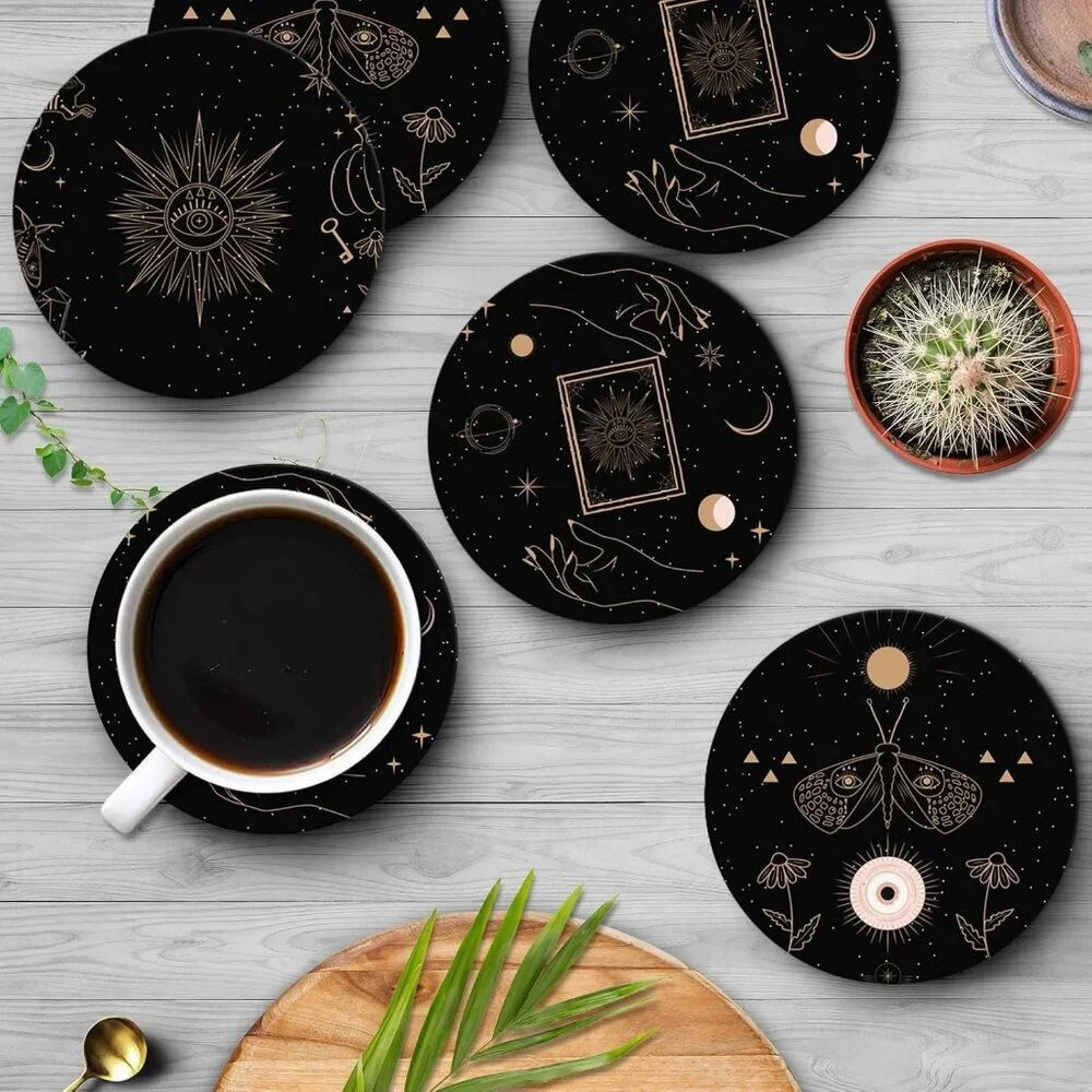 Table Coaster for Drinks Set of 6, Cute Black Mystical Skulls Animals Magic Coff